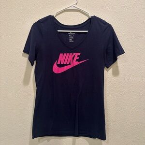 Nike Women's Dark Blue Tee with Vibrant Pink Logo